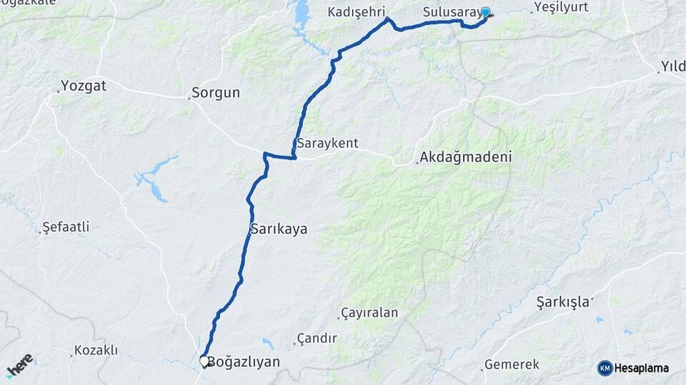Tokat Sulusaray Boğazlıyan Yozgat Arası Kaç Km - Yol Haritası