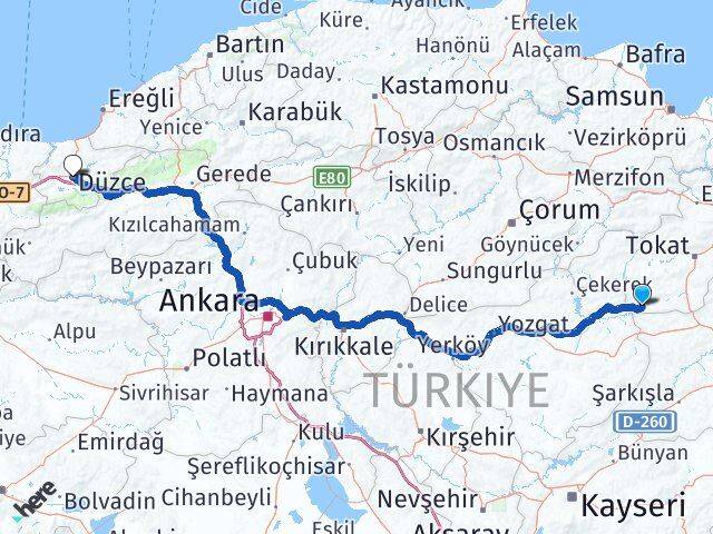 Tokat Sulusaray Düzce Arası Kaç Km - Yol Haritası