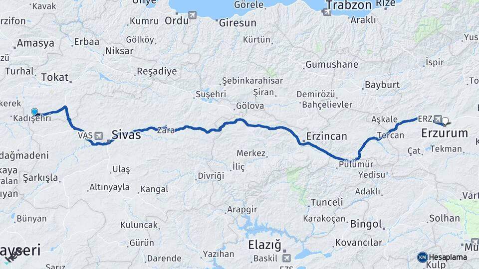 Tokat Sulusaray Erzurum Arası Kaç Km - Yol Haritası