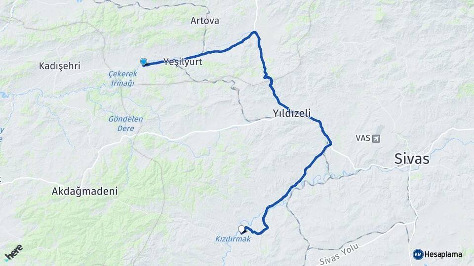 Tokat Sulusaray Kalecik Şarkışla Sivas Arası Kaç Km - Yol Haritası