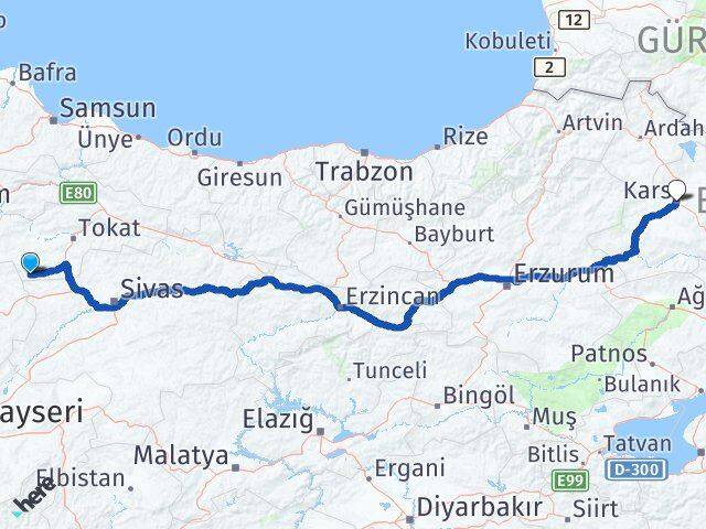Tokat Sulusaray Kars Arası Kaç Km - Yol Haritası