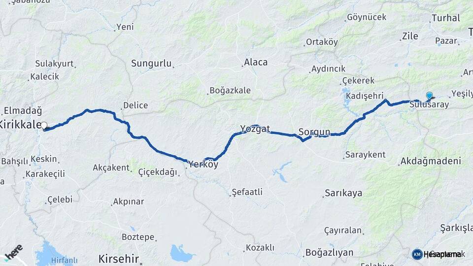 Tokat Sulusaray Kırıkkale Arası Kaç Km - Yol Haritası