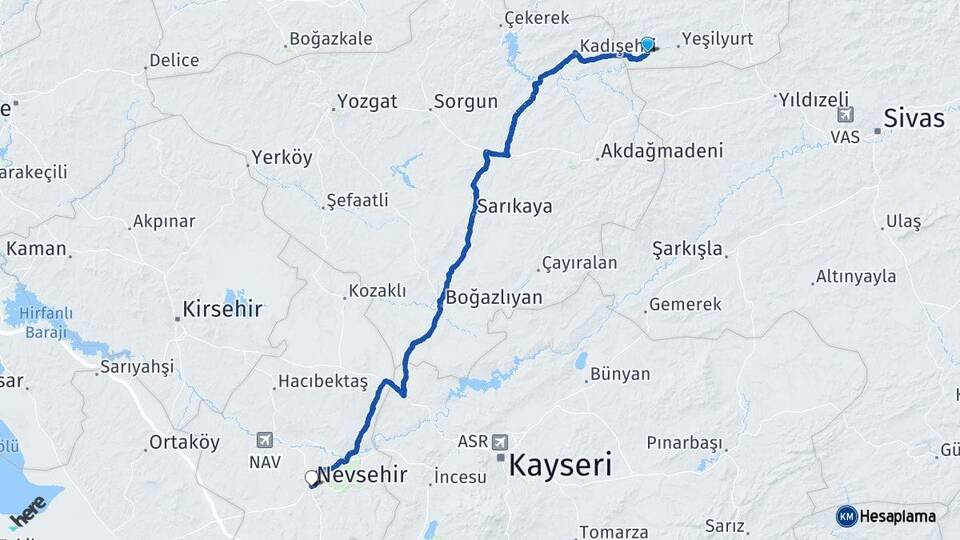 Tokat Sulusaray Nevşehir Arası Kaç Km - Yol Haritası