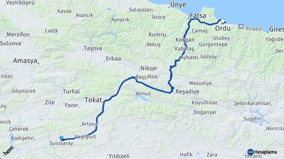 Tokat Sulusaray Ordu Arası Kaç Km - Yol Haritası