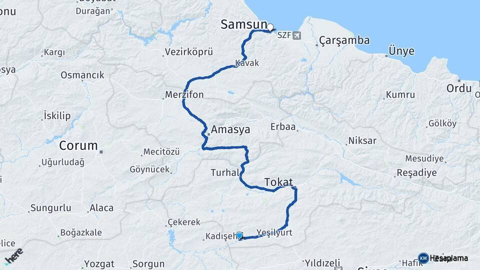 Tokat Sulusaray Samsun Arası Kaç Km - Yol Haritası
