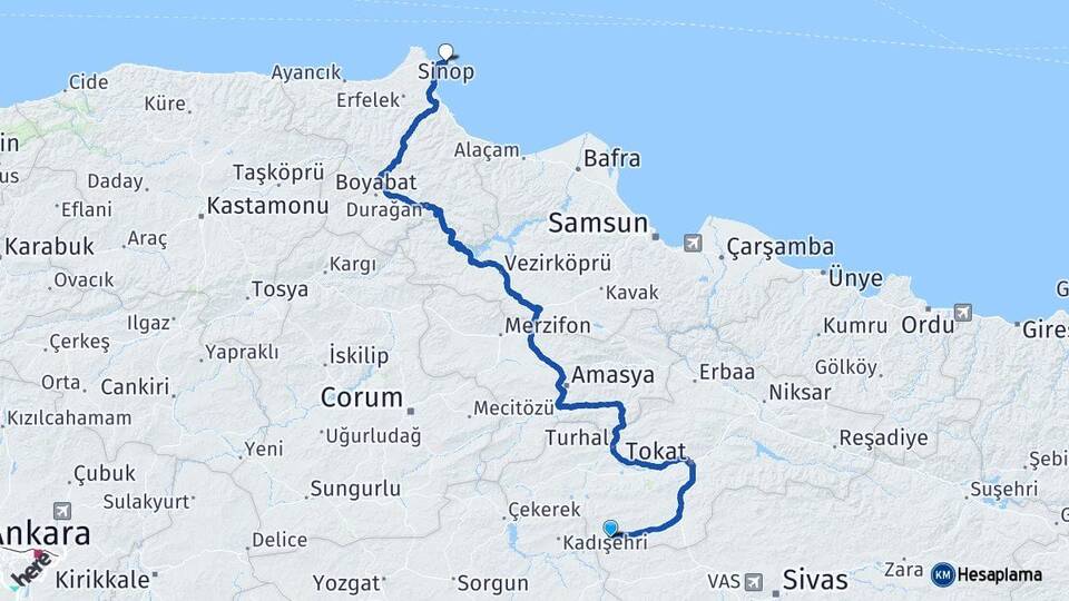 Tokat Sulusaray Sinop Arası Kaç Km - Yol Haritası