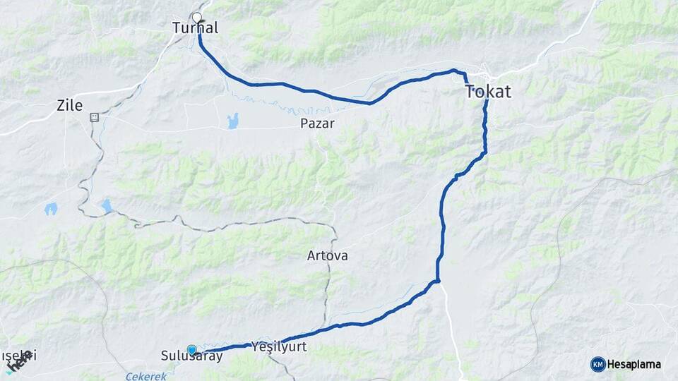 Tokat Sulusaray Turhal Arası Kaç Km - Yol Haritası