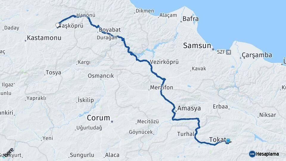 Tokat Taşköprü Kastamonu Arası Kaç Km - Yol Haritası