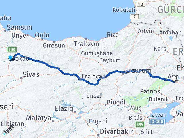 Tokat Taşlıçay Ağrı Arası Kaç Km - Yol Haritası