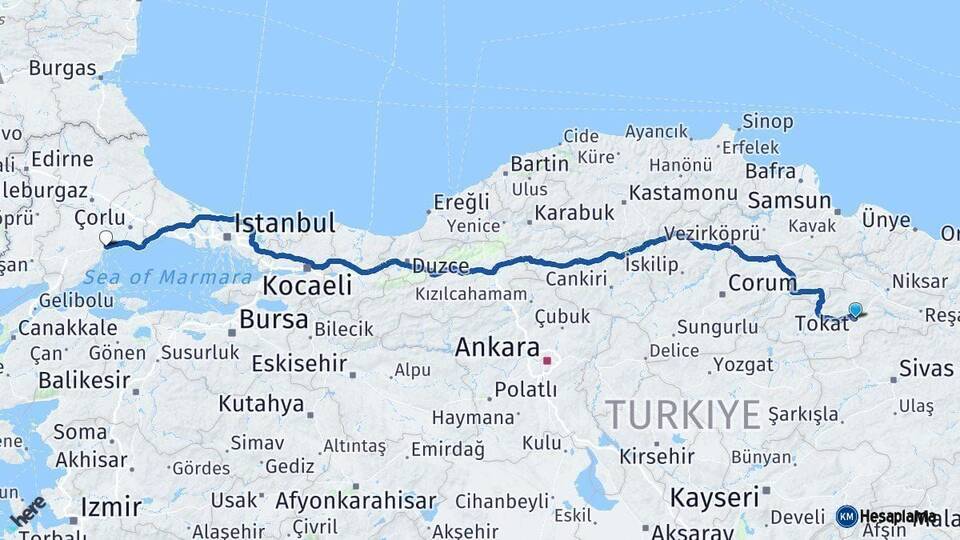 Tokat Tekirdağ Arası Kaç Km - Yol Haritası