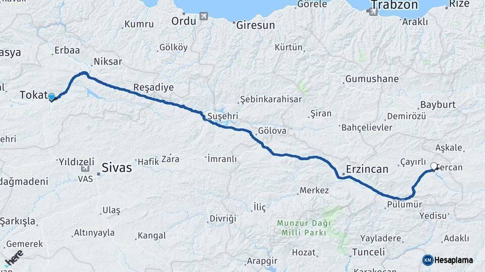 Tokat Tercan Erzincan Arası Kaç Km - Yol Haritası