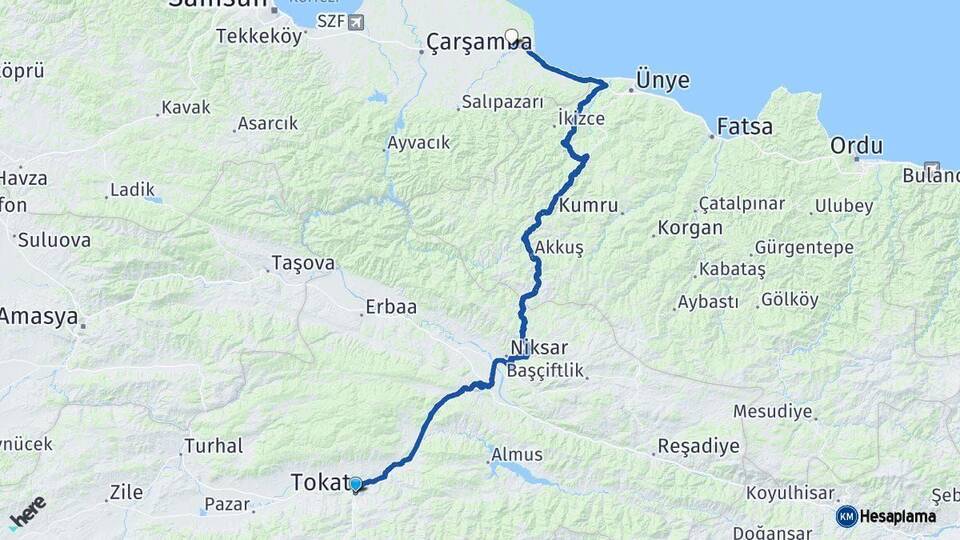 Tokat Terme Samsun Arası Kaç Km - Yol Haritası