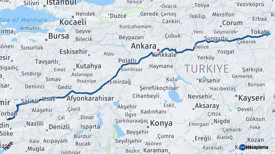 Tokat Tire İzmir Arası Kaç Km - Yol Haritası