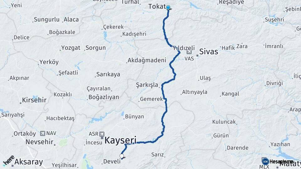 Tokat Tomarza Kayseri Arası Kaç Km - Yol Haritası