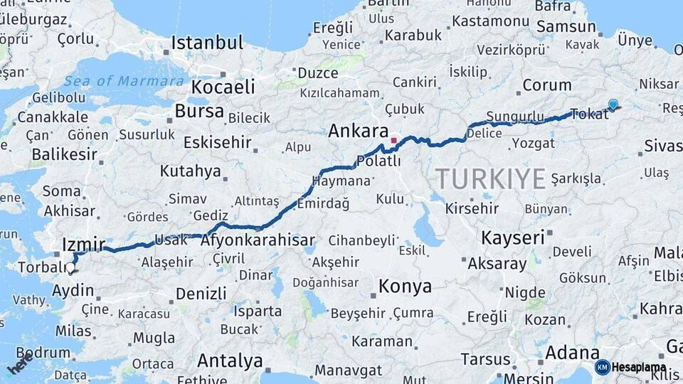 Tokat Torbalı İzmir Arası Kaç Km - Yol Haritası