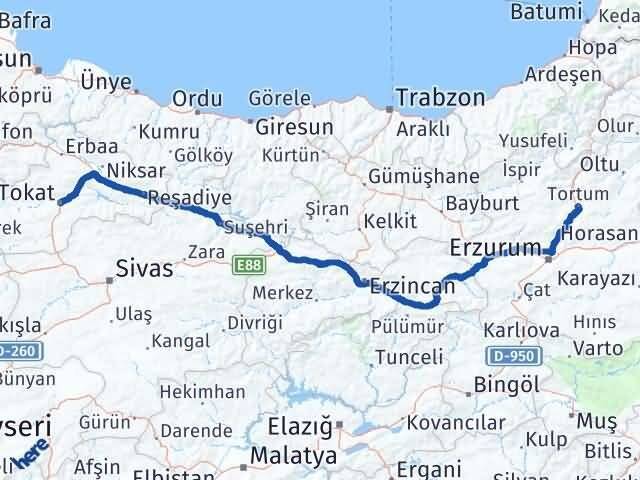 Tokat Tortum Erzurum Arası Kaç Km - Yol Haritası