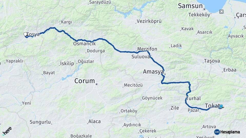 Tokat Tosya Kastamonu Arası Kaç Km - Yol Haritası