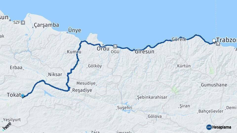 Tokat Trabzon Arası Kaç Km - Yol Haritası