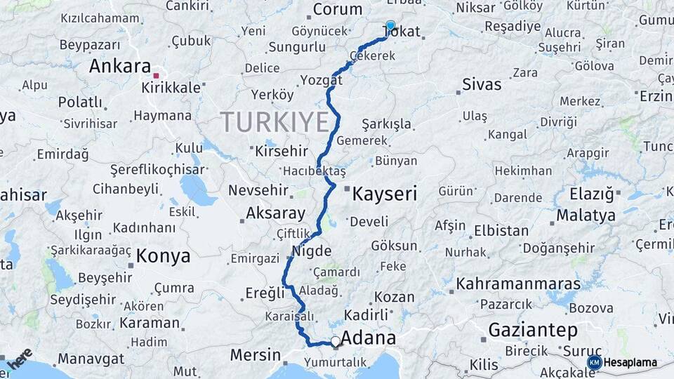 Tokat Turhal Adana Arası Kaç Km - Yol Haritası