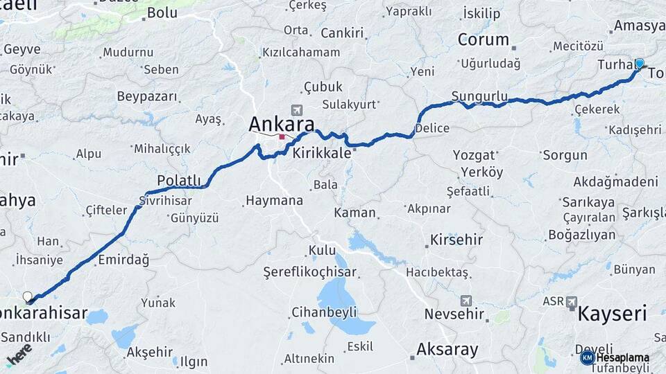 Tokat Turhal Afyonkarahisar Arası Kaç Km - Yol Haritası