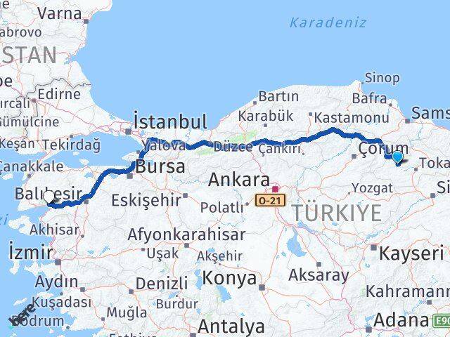 Tokat Turhal Akçay Edremit Balıkesir Arası Kaç Km - Yol Haritası