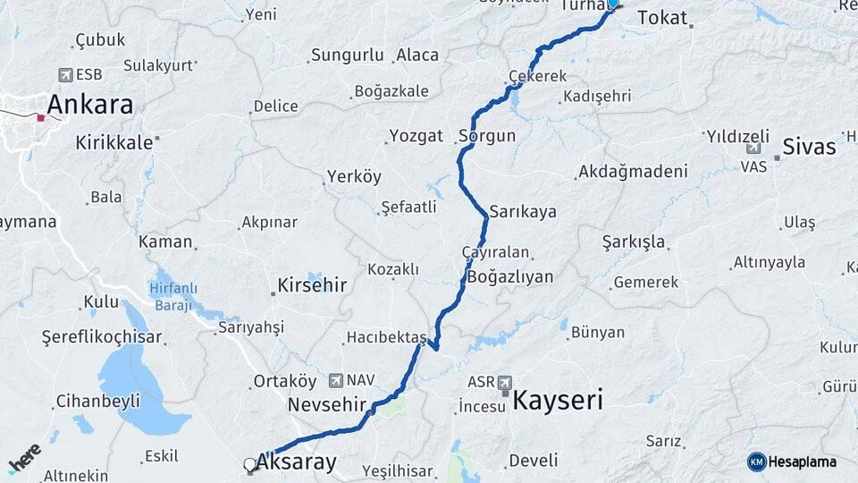 Tokat Turhal Aksaray Arası Kaç Km - Yol Haritası