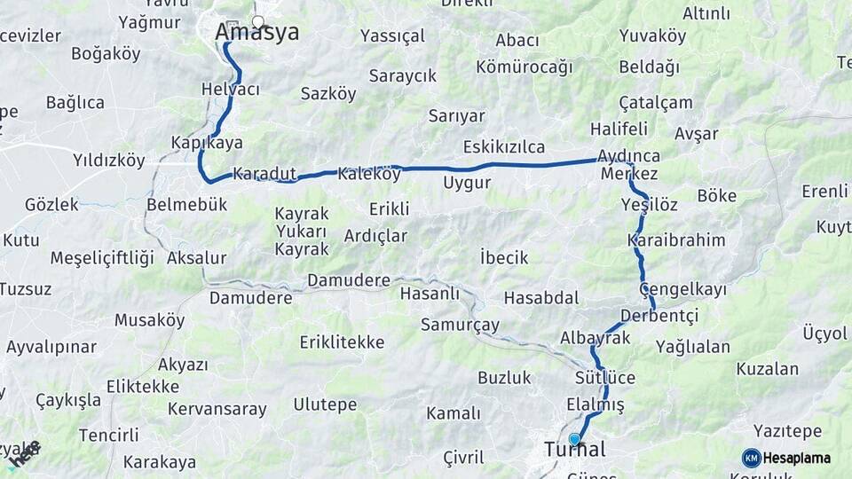 Tokat Turhal Amasya Arası Kaç Km - Yol Haritası