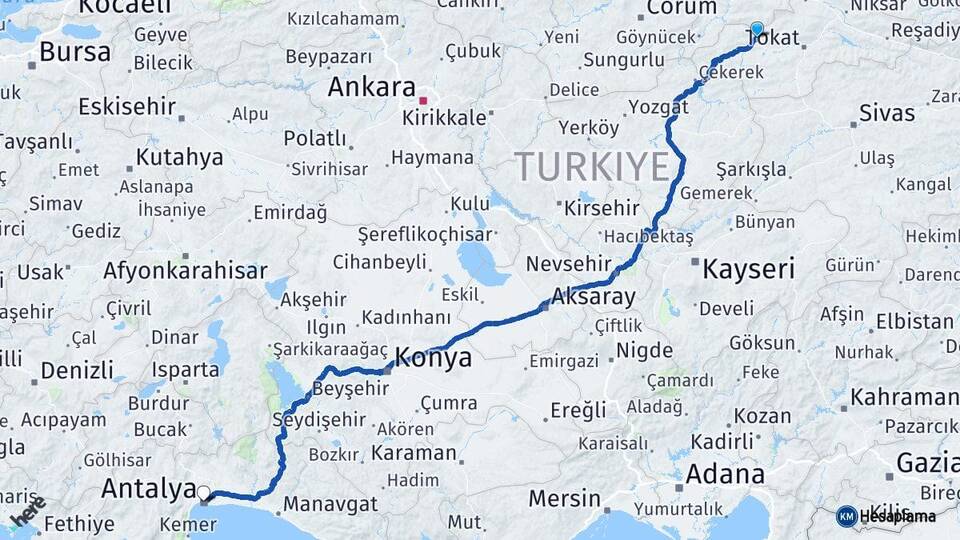 Tokat Turhal Antalya Arası Kaç Km - Yol Haritası