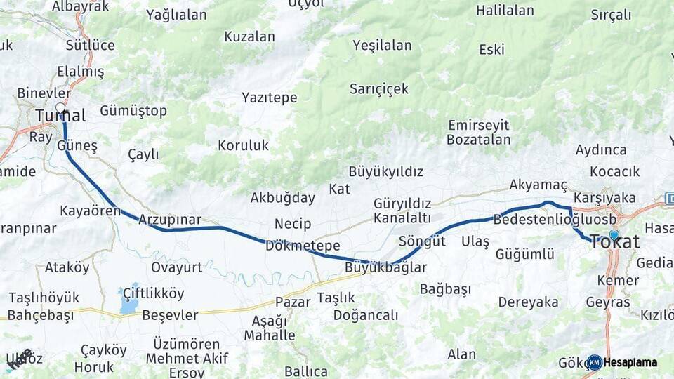 Tokat Turhal Arası Kaç Km - Yol Haritası