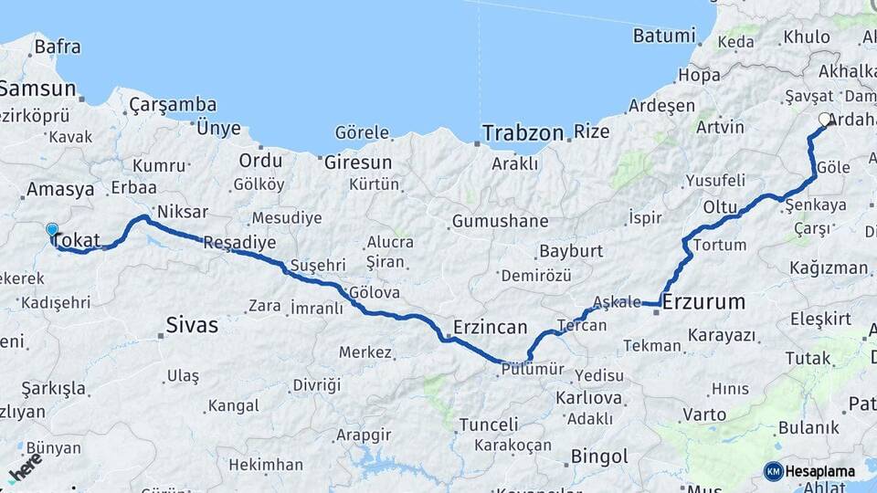 Tokat Turhal Ardahan Arası Kaç Km - Yol Haritası