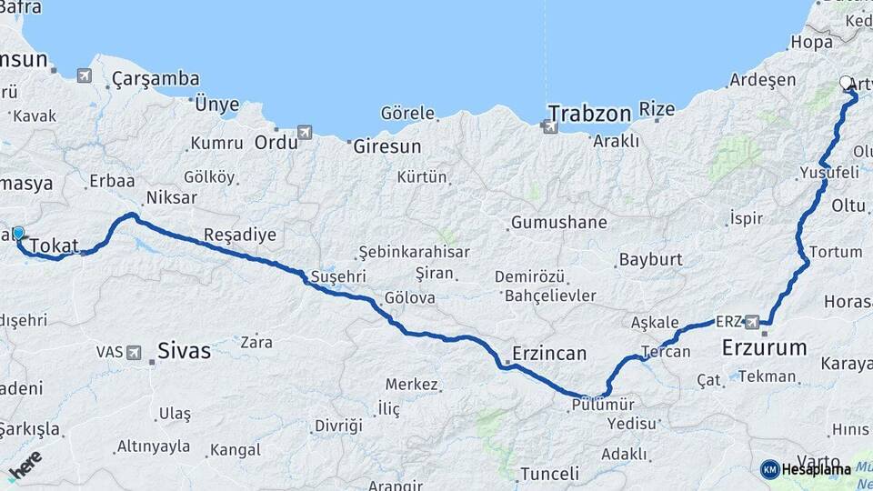 Tokat Turhal Artvin Arası Kaç Km - Yol Haritası