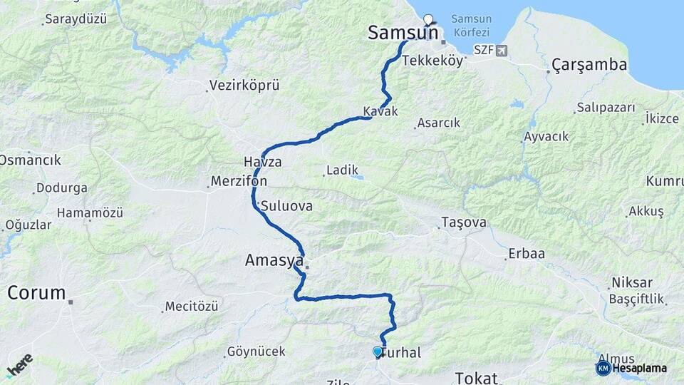 Tokat Turhal Atakum Samsun Arası Kaç Km - Yol Haritası