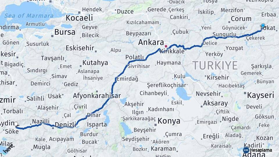 Tokat Turhal Aydın Arası Kaç Km - Yol Haritası