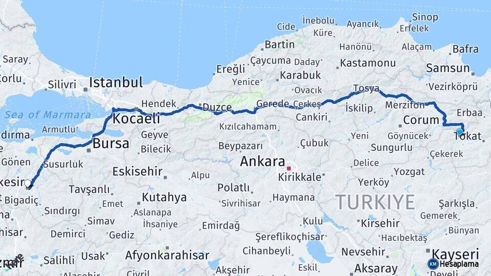 Tokat Turhal Balıkesir Arası Kaç Km - Yol Haritası