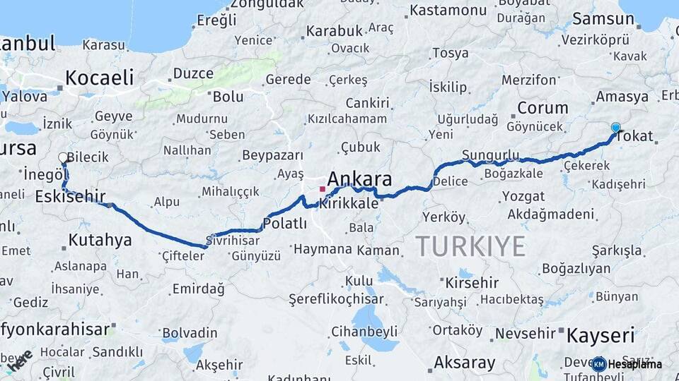 Tokat Turhal Bilecik Arası Kaç Km - Yol Haritası