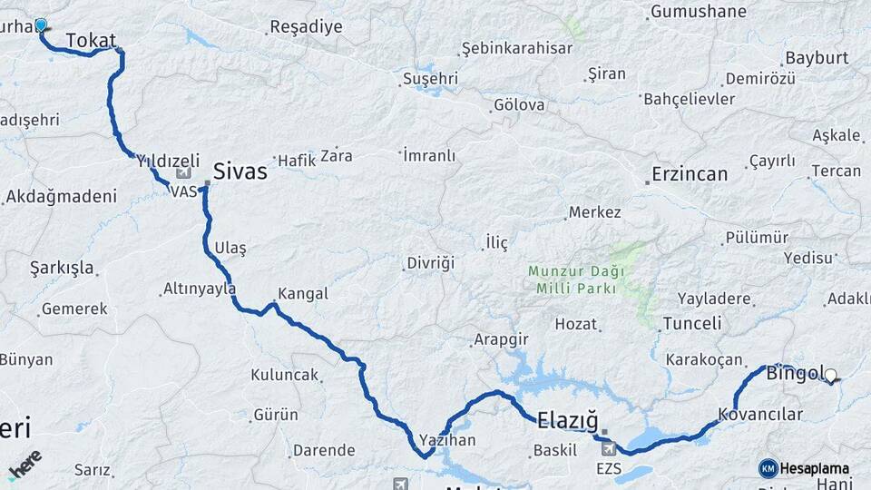 Tokat Turhal Bingöl Arası Kaç Km - Yol Haritası