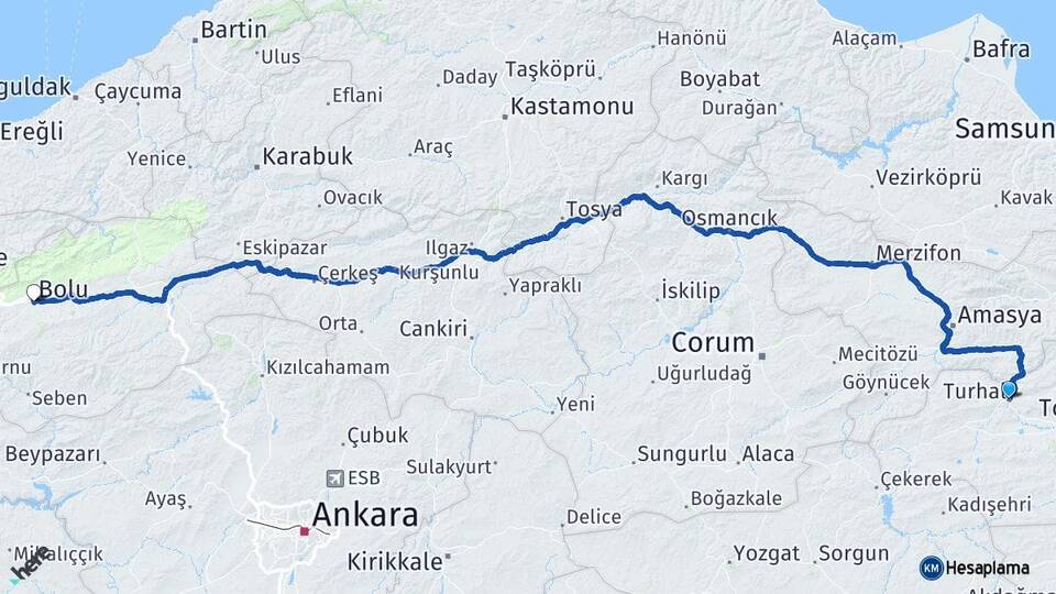 Tokat Turhal Bolu Arası Kaç Km - Yol Haritası