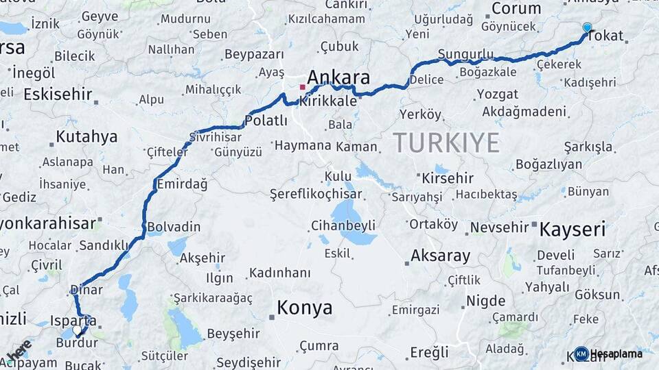 Tokat Turhal Burdur Arası Kaç Km - Yol Haritası