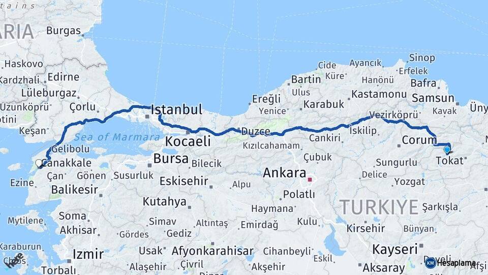 Tokat Turhal Çanakkale Arası Kaç Km - Yol Haritası