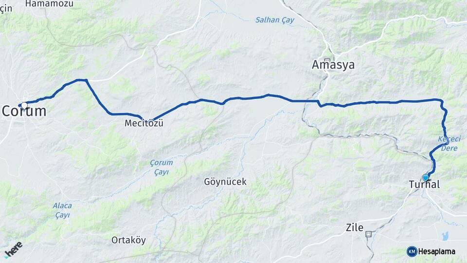Tokat Turhal Çorum Arası Kaç Km - Yol Haritası