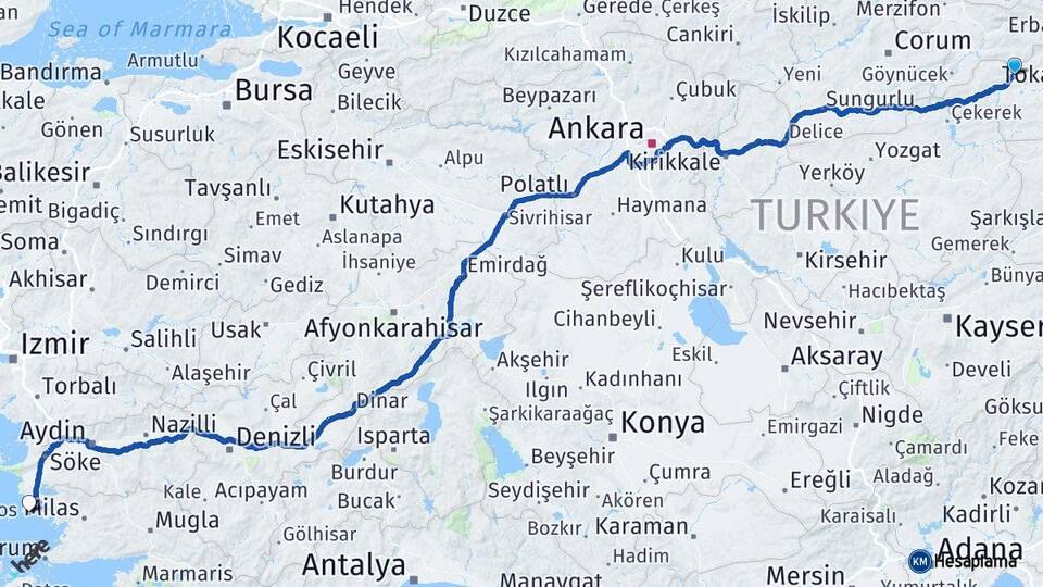 Tokat Turhal Didim Aydın Arası Kaç Km - Yol Haritası