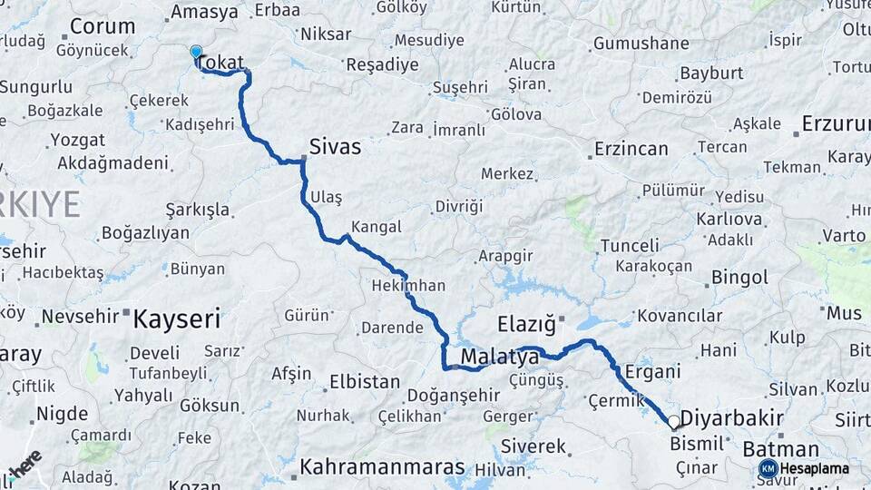 Tokat Turhal Diyarbakır Arası Kaç Km - Yol Haritası