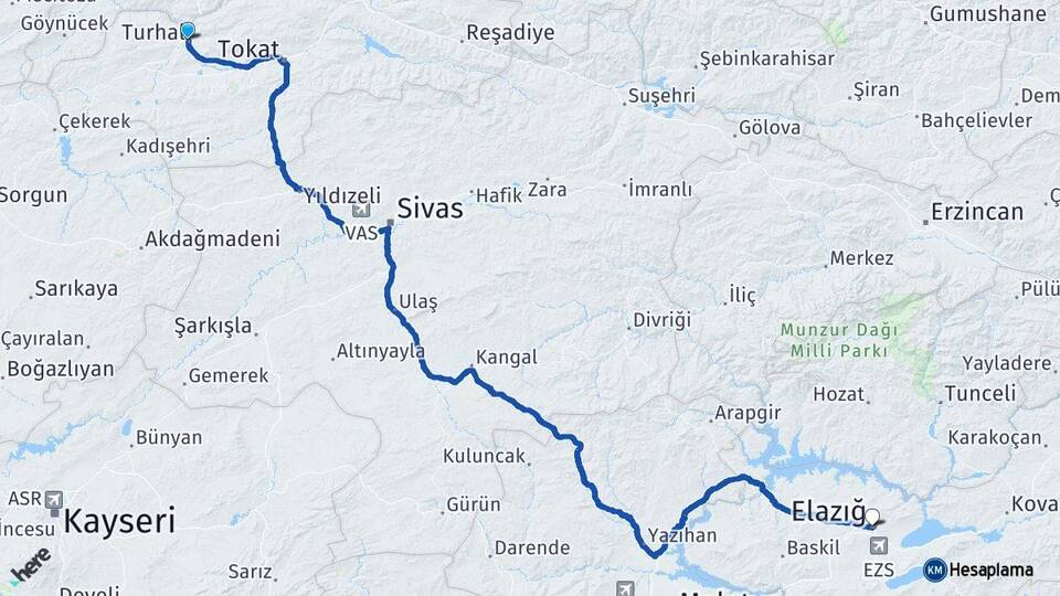 Tokat Turhal Elazığ Arası Kaç Km - Yol Haritası