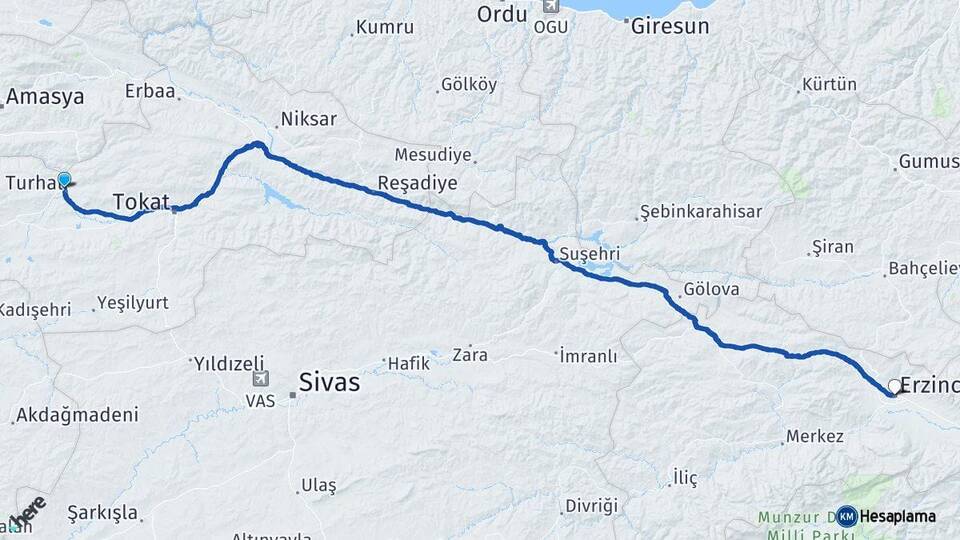 Tokat Turhal Erzincan Arası Kaç Km - Yol Haritası