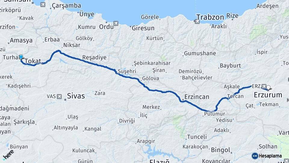 Tokat Turhal Erzurum Arası Kaç Km - Yol Haritası