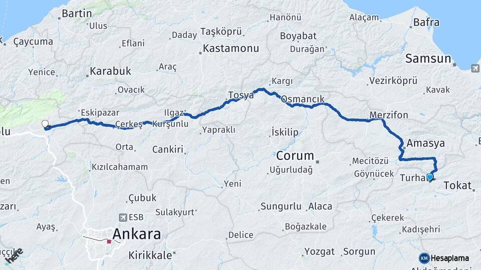 Tokat Turhal Gerede Bolu Arası Kaç Km - Yol Haritası