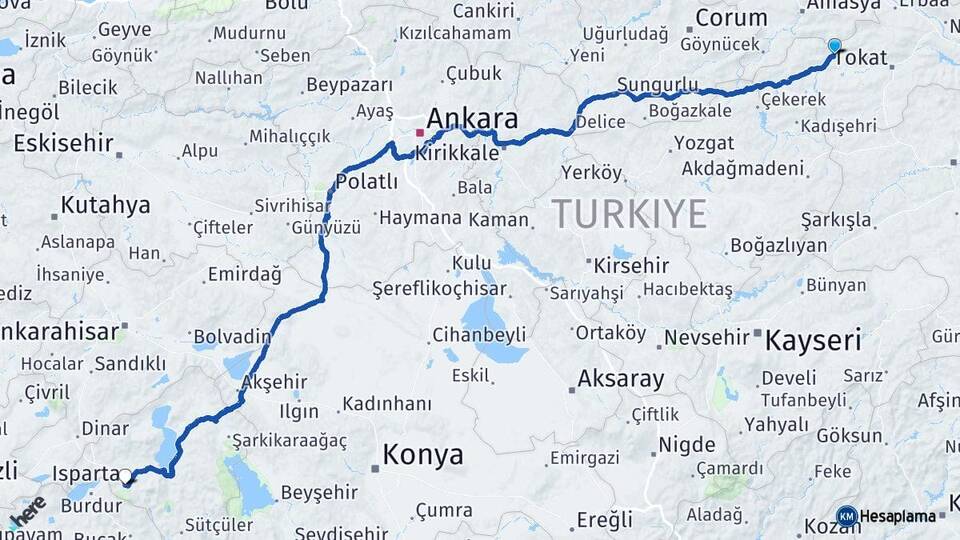 Tokat Turhal Isparta Arası Kaç Km - Yol Haritası