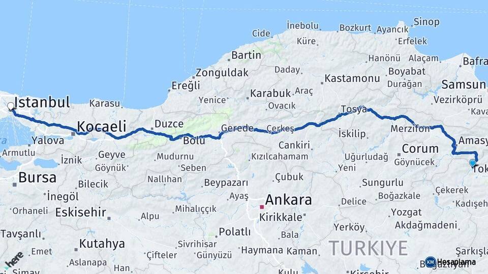 Tokat Turhal İstanbul Arası Kaç Km - Yol Haritası