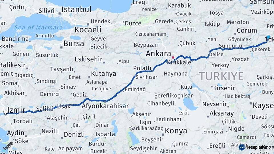 Tokat Turhal İzmir Arası Kaç Km - Yol Haritası