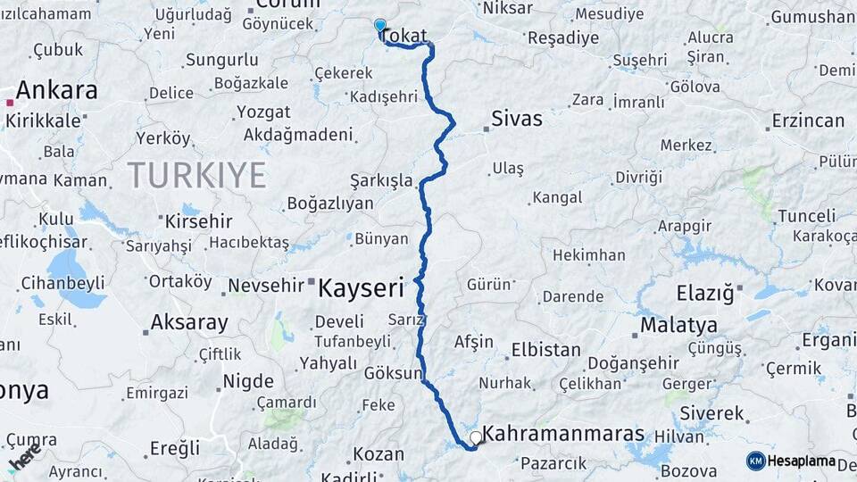 Tokat Turhal Kahramanmaraş Arası Kaç Km - Yol Haritası